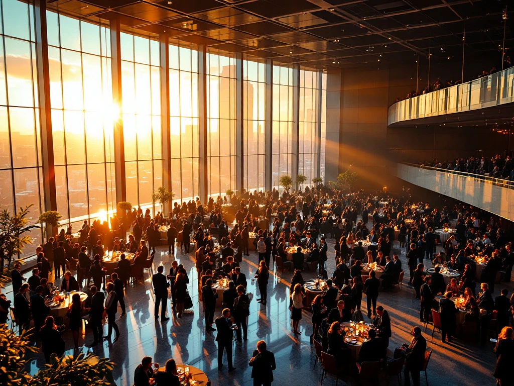 Corporate conference networking event with hundreds of professionals in modern glass convention center during golden hour