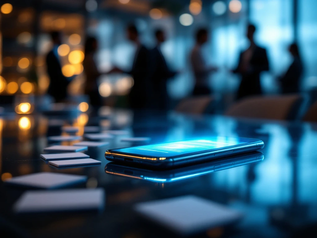 Smartphone med digital visitkort-app på glassbord, med suddiga affärspersoner i bakgrunden och pappersvisitkort bredvid