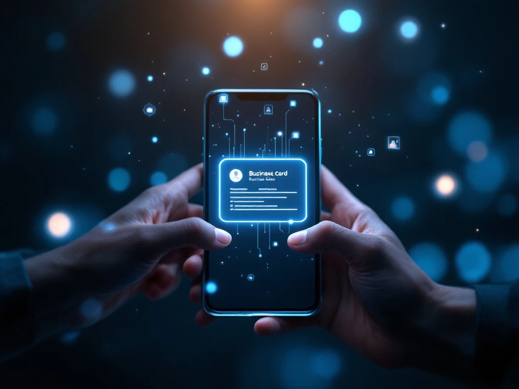 Händer som håller smartphone med lysande digitalt visitkort på skärmen, holografiska element och blå belysning
