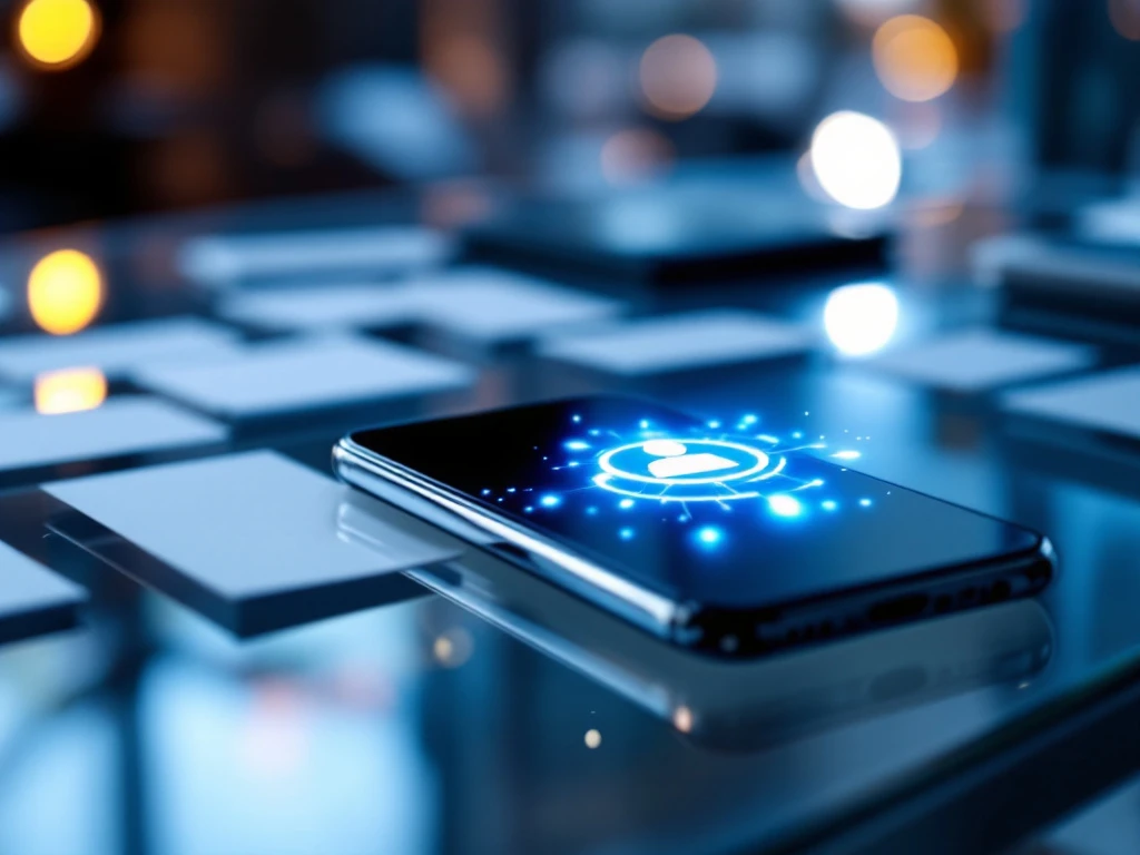 Smartphone visar lysande digitalt visitkort på glasskrivbord med traditionella papperskort i bakgrunden