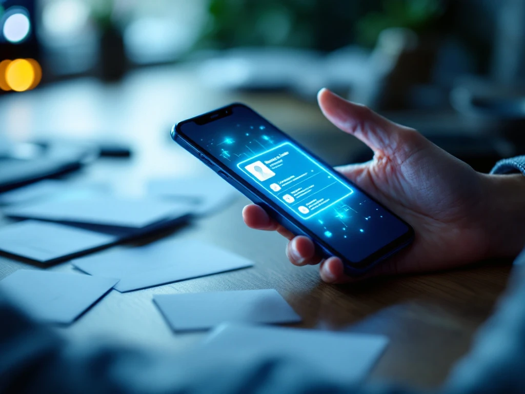 Händer håller smartphone med lysande digitalt visitkort på skärmen, traditionella papperskort i bakgrunden på kontorsskrivbord