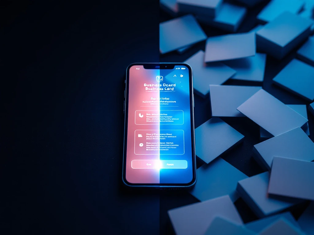 Smartphone med lysande digitalt visitkort jämfört med traditionella papperskort i professionell kontorsmiljö