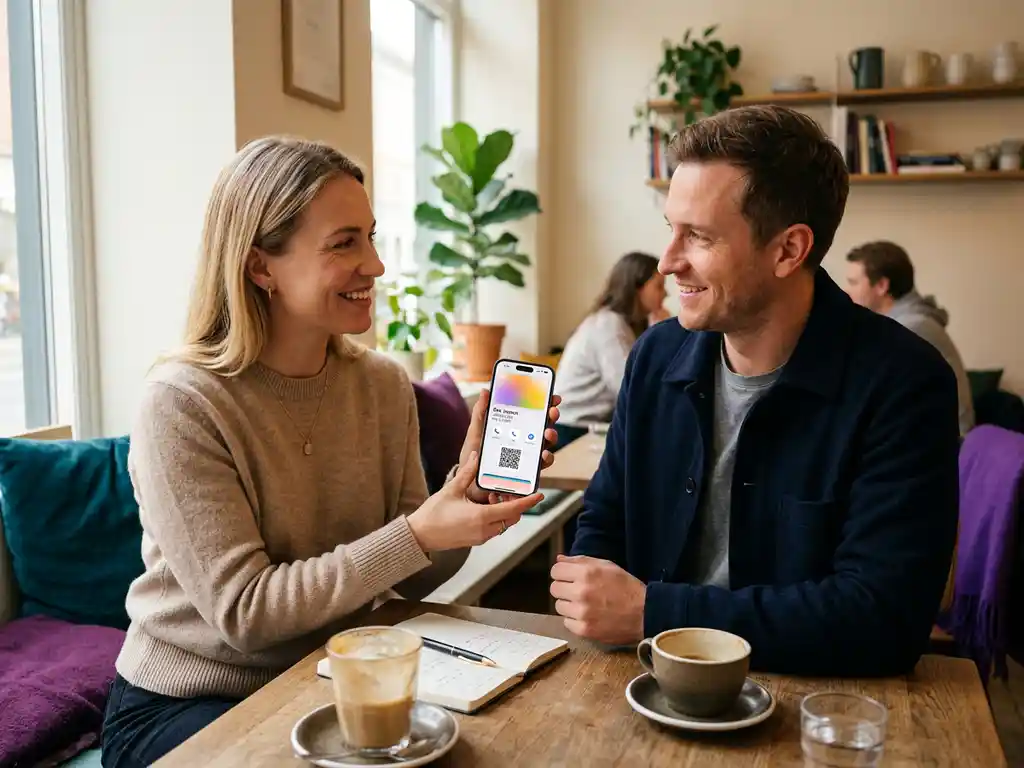 Person håller smartphone med digitalt kontaktkort i Apple Wallet och delar det med kollega på café i naturligt ljus.