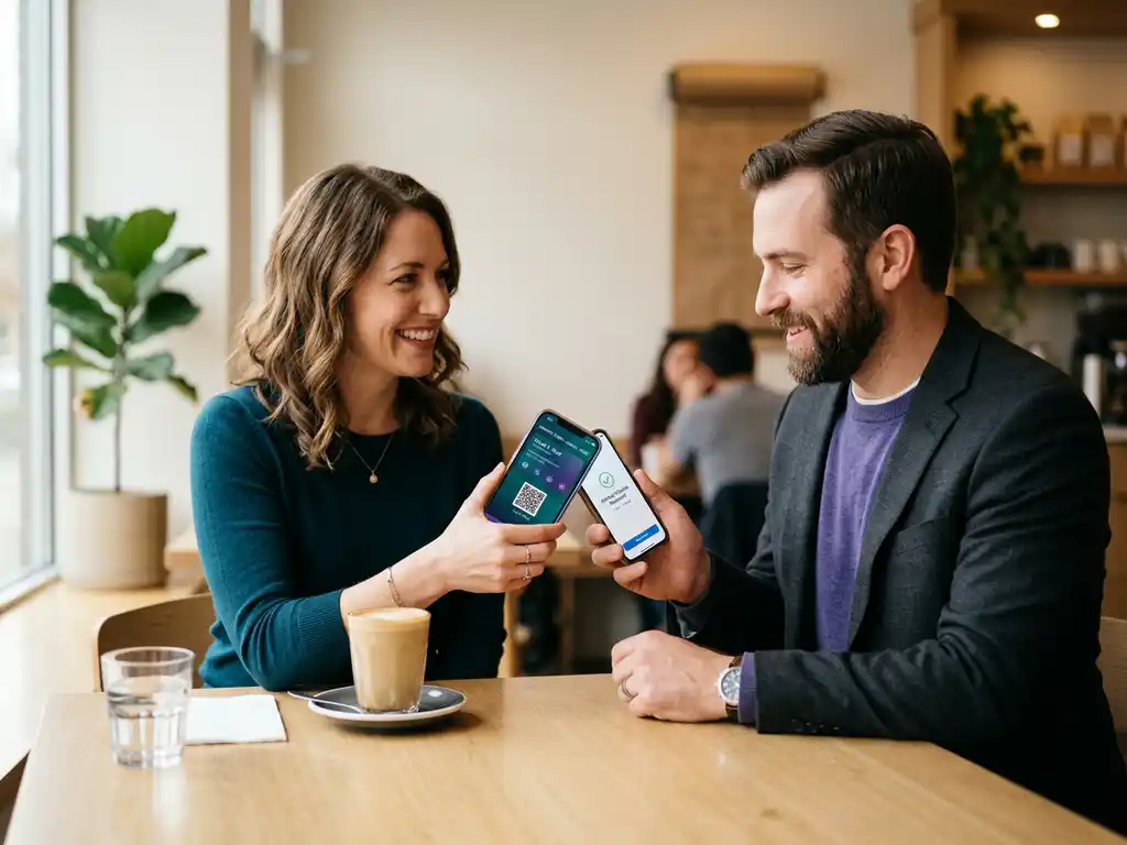 Två yrkespersoner delar kontaktuppgifter genom att trycka smartphones mot varandra, med ett digitalt visitkort synligt på skärmen.