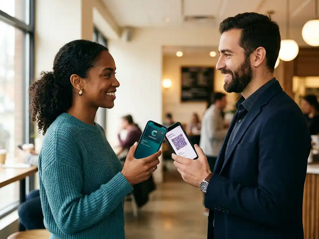 Två yrkespersoner utbyter kontaktuppgifter genom att tappa ihop telefoner, digital visitkortswallet synlig på skärm, kafémiljö i bakgrunden.