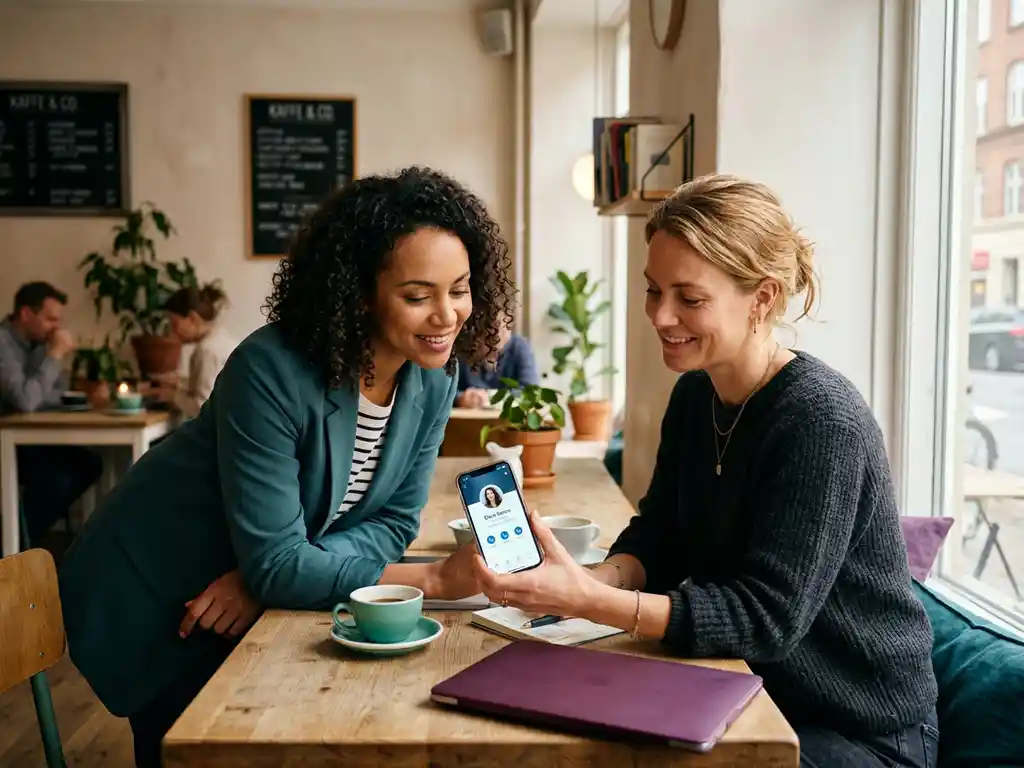 Två yrkespersoner på kafé delar digitalt visitkort via smartphone i varmt naturligt fönsterljus.