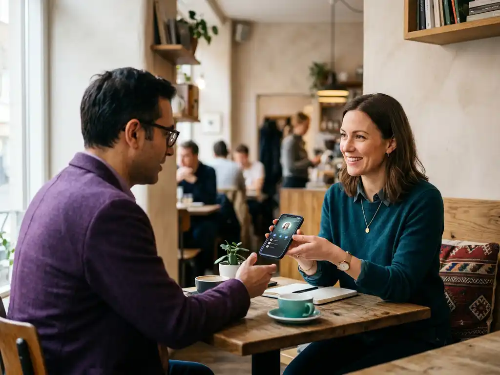 Kvinna delar digitalt visitkort via smartphone med kollega i modernt skandinaviskt kafé med naturligt fönsterljus.