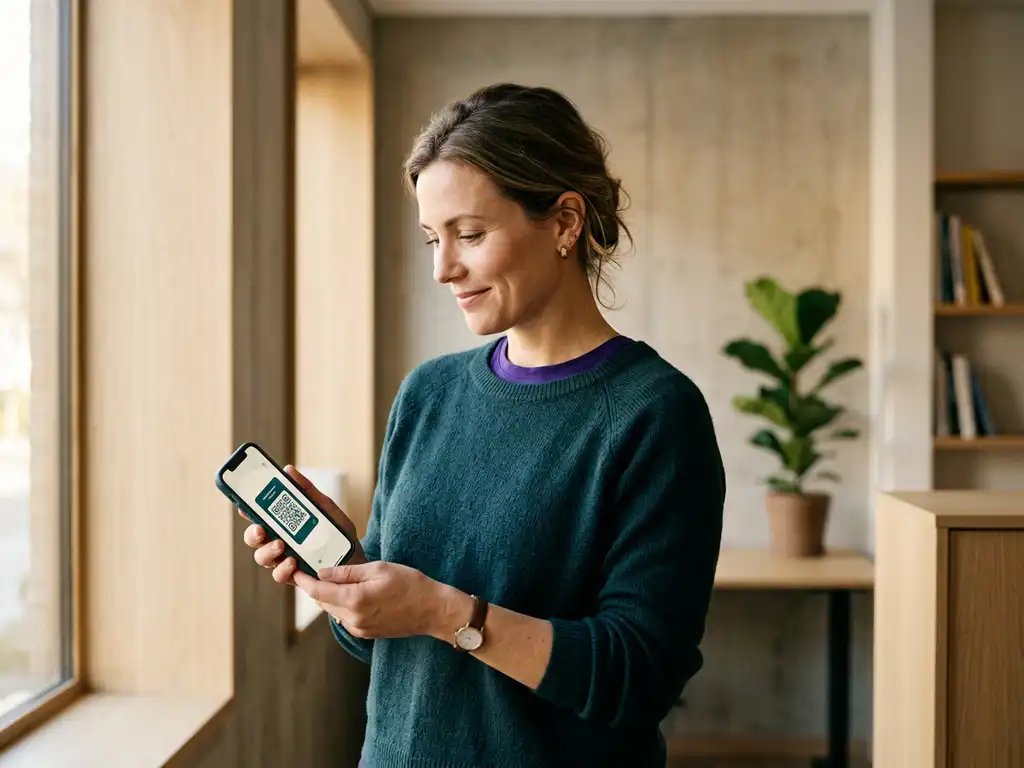 Kvinna granskar smartphone med ett QR-kort i djup teal, naturligt fönsterljus i minimalistisk skandinavisk interiör.