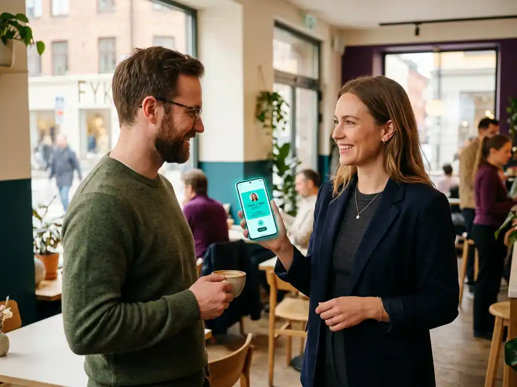 Kvinna visar kontaktuppgifter via Google Wallet på Android-telefon för kollega på ljust skandinaviskt café.