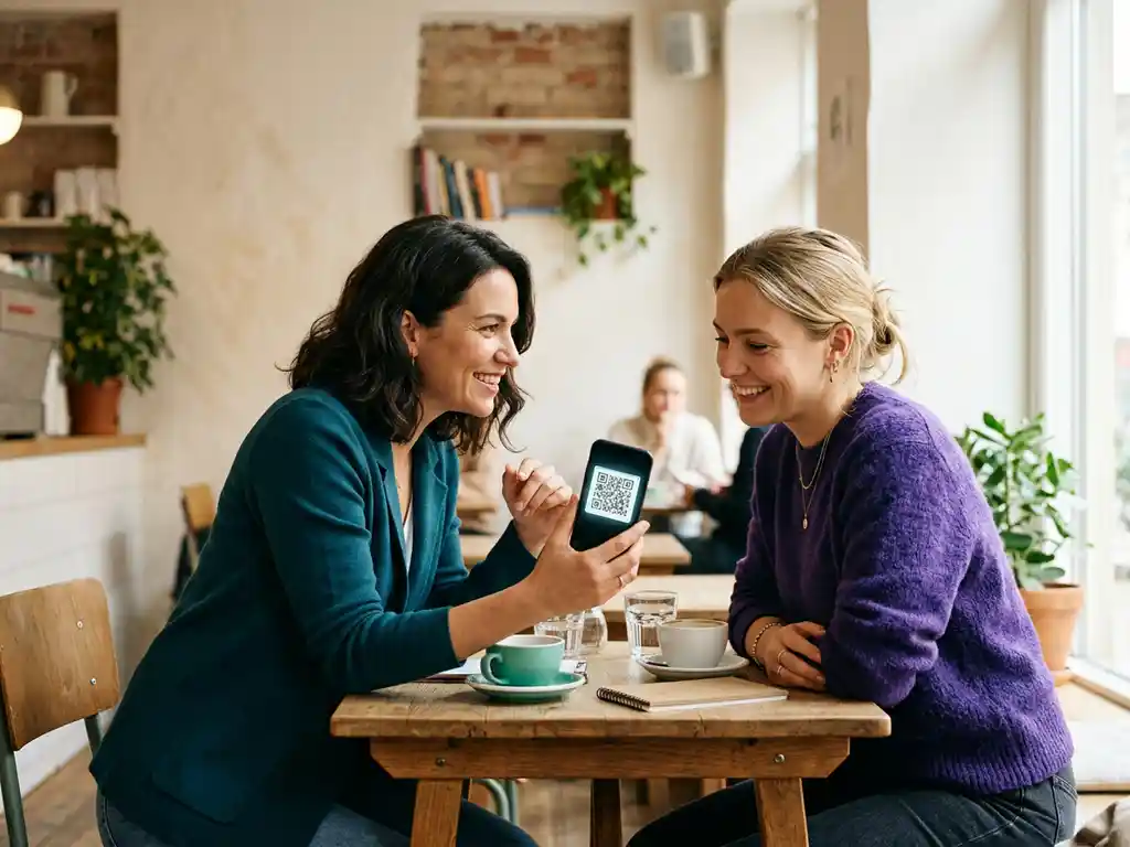 Kvinna visar QR-kod på smartphone för kollega vid minimalistiskt cafébordssamtal i skandinavisk miljö.