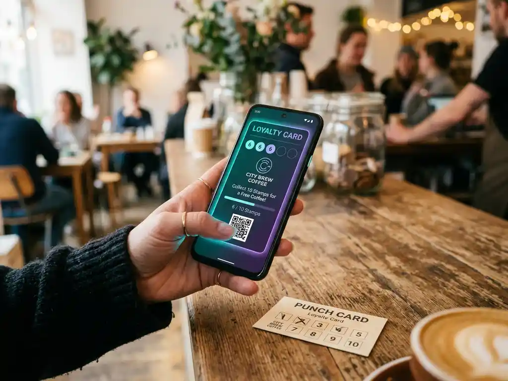 Hand håller smartphone med digitalt lojalitetskort i kafémiljö, analogt stämpelkort på träbänk bredvid.
