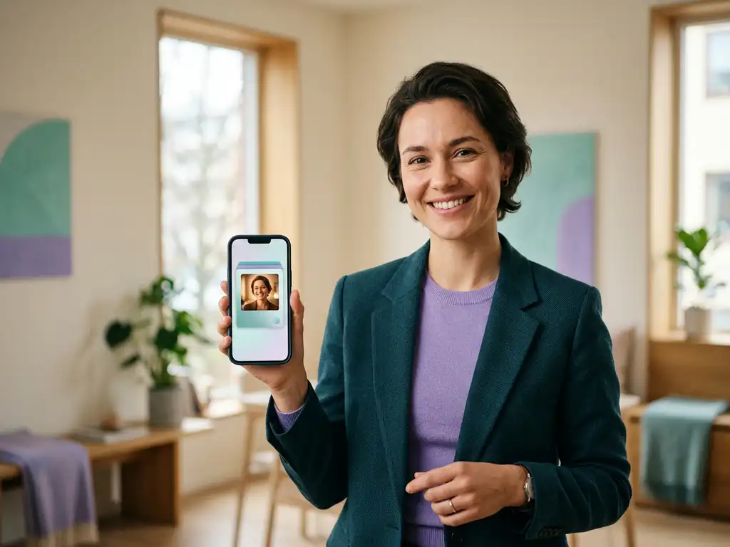 Leende person håller smartphone med digitalt visitkort och profilbild, mjukt teal- och violettljus i minimalistisk skandinavisk miljö.