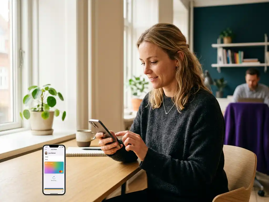 Kvinna uppdaterar kontaktuppgifter på smartphone vid minimalistiskt skrivbord i ljust skandinaviskt kontor med naturligt fönsterljus.