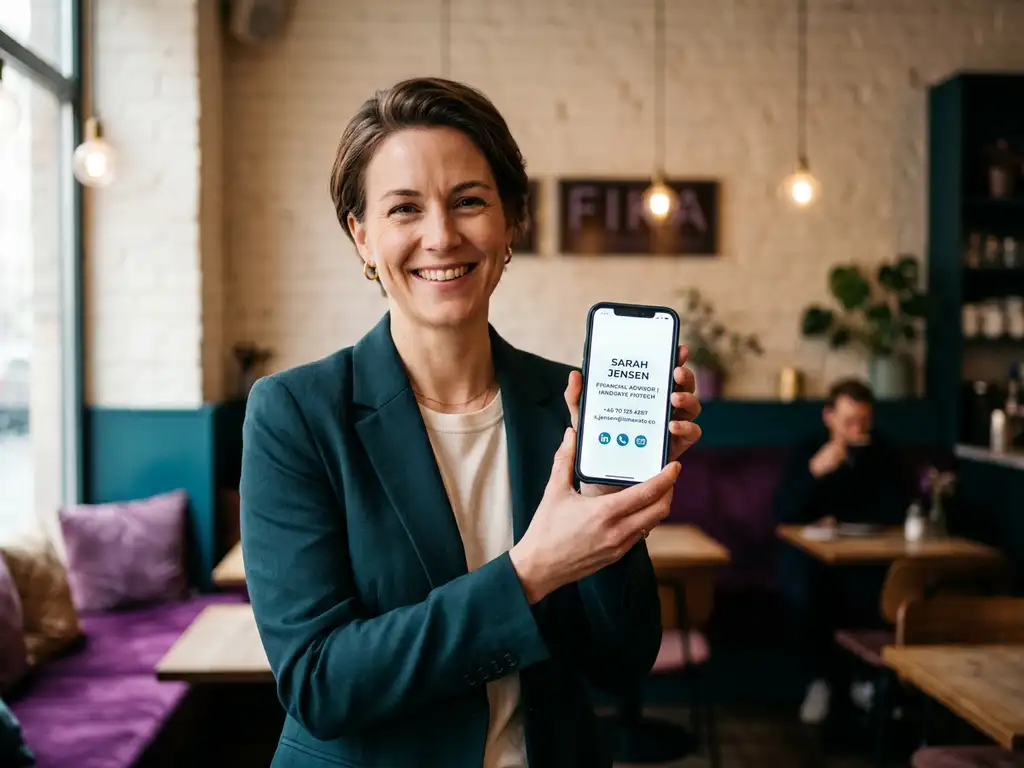 Kvinna i skandinaviskt café visar digitalt visitkort på smartphone, naturligt fönsterljus, teal och violetta toner.