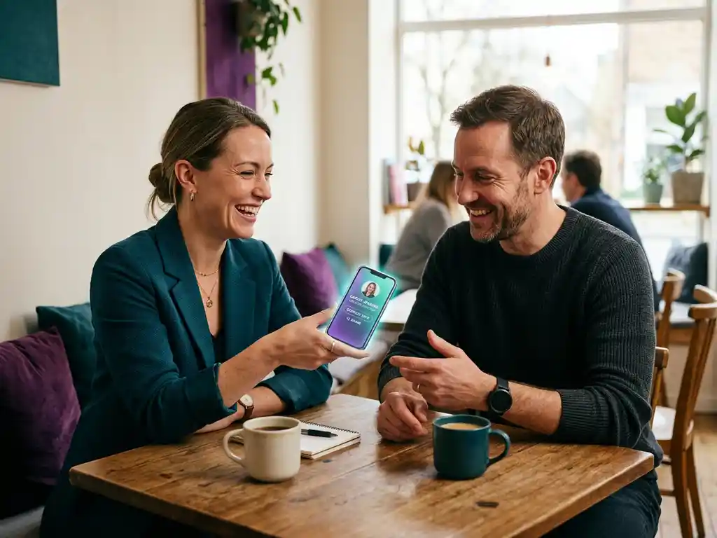 Kvinna delar digitalt visitkort via smartphone med kollega vid minimalistiskt kafébord i varmt naturligt ljus.