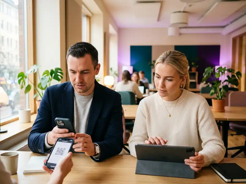 Säljare skannar QR-kod på digitalt visitkort med smartphone i modernt skandinaviskt kontorslandskap.
