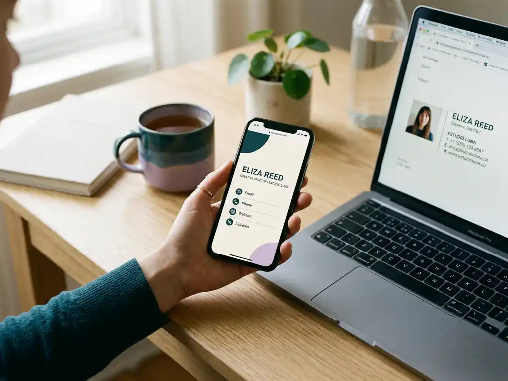 Kvinnas hand håller smartphone med digital visitkort bredvid laptop med e-postsignatur i ljus skandinavisk arbetsmiljö.