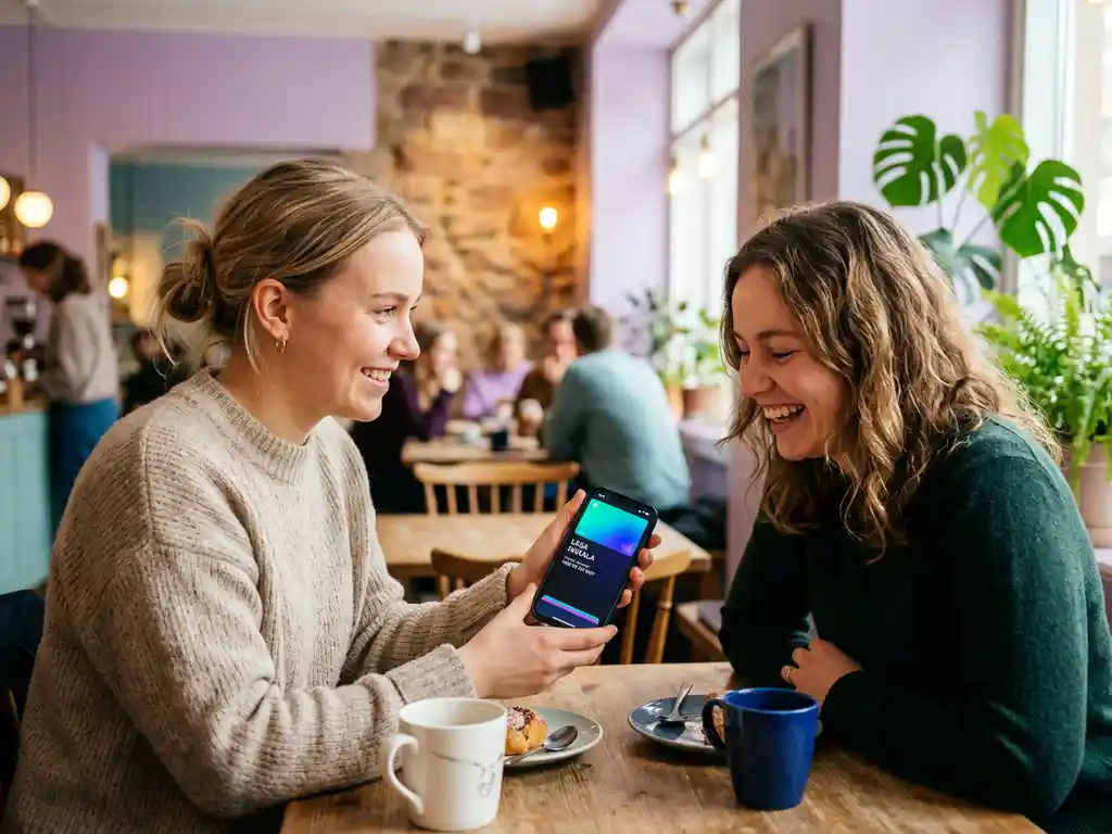 Person som delar digitalt kontaktkort via Apple Wallet på café, med smartphone i handen och avslappnat samtal i bakgrunden.