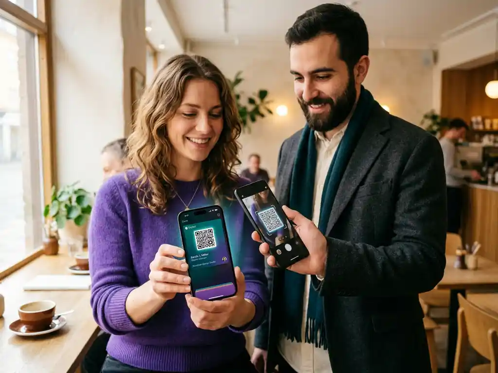 Person håller smartphone med digitalt visitkort i Apple Wallet och delar kontaktuppgifter via QR-kod på ett ljust café.