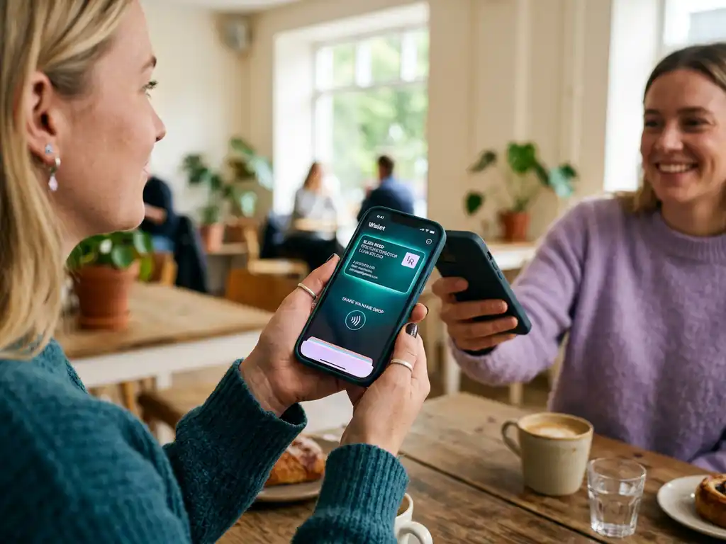 Hand håller smartphone med digitalt visitkort i Apple Wallet vid utbyte på skandinaviskt café med naturligt fönsterljus.