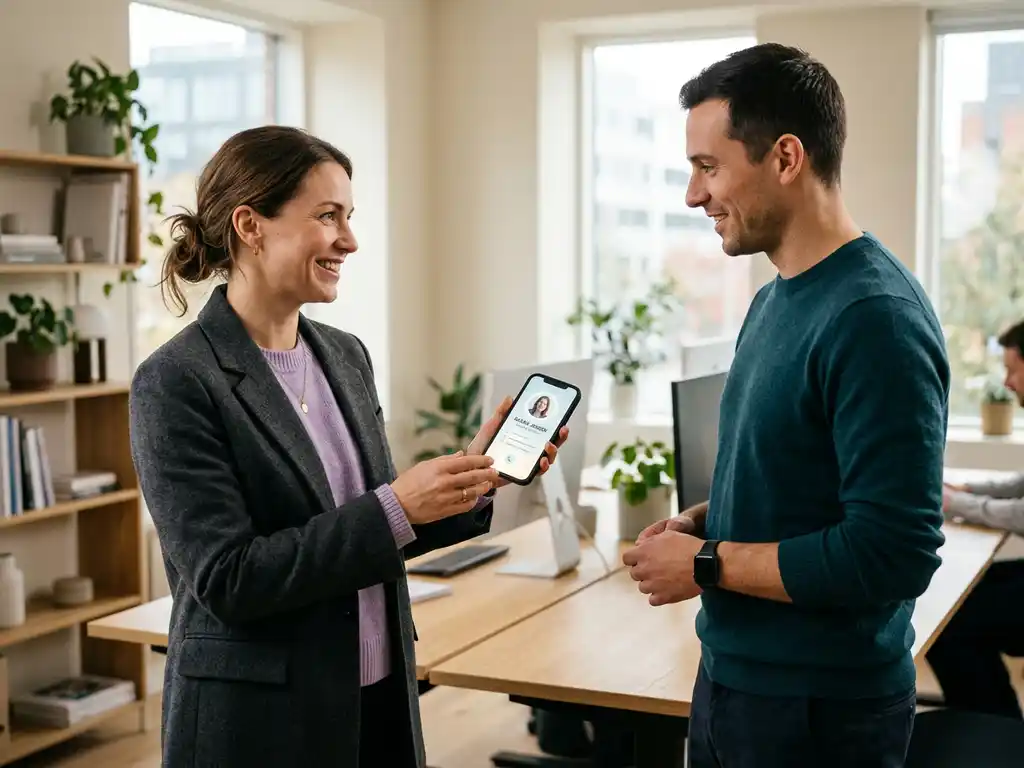 Kvinna visar digitalt visitkort på smartphone för kollega i ljust skandinaviskt kontor med naturligt fönsterljus.