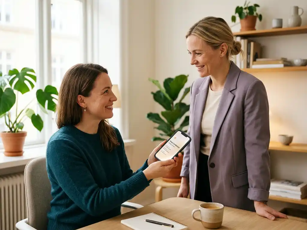 Kvinna visar digitalt visitkort på smartphone för kollega i skandinaviskt kontor med naturligt fönsterljus.