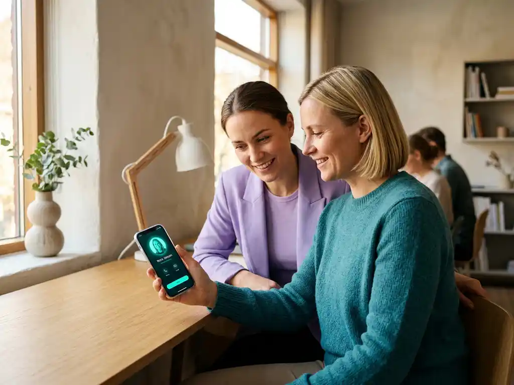 Två kollegor i skandinaviskt kontor delar ett digitalt visitkort på mobilskärm, varmt naturligt fönsterljus och träskrivbord i bakgrunden.
