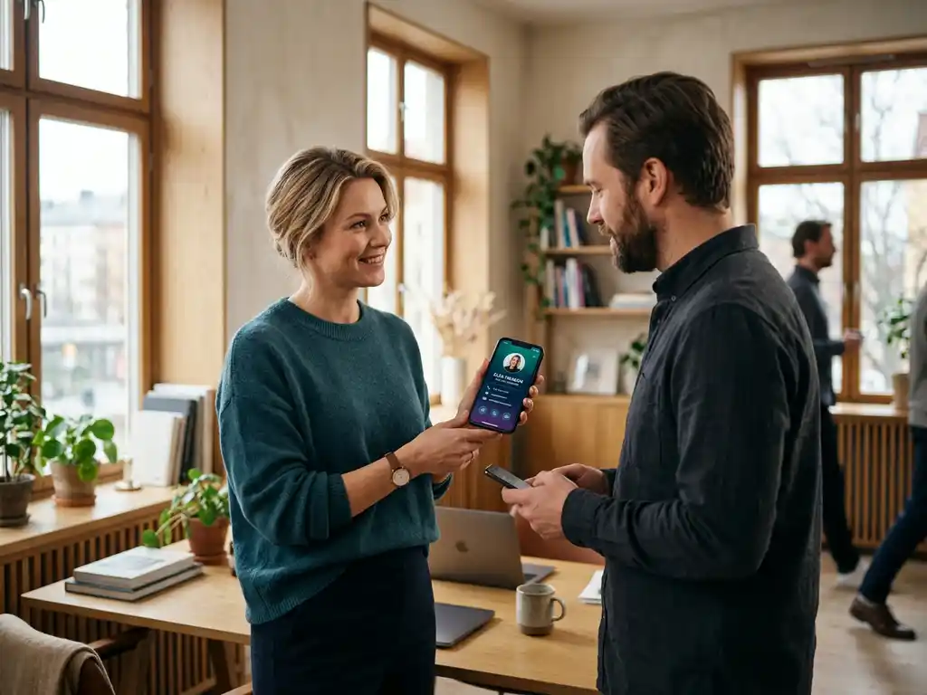Kvinna i skandinaviskt kontor visar digitalt visitkort på smartphone för kollega, mjukt naturligt ljus i teal och violetta toner.