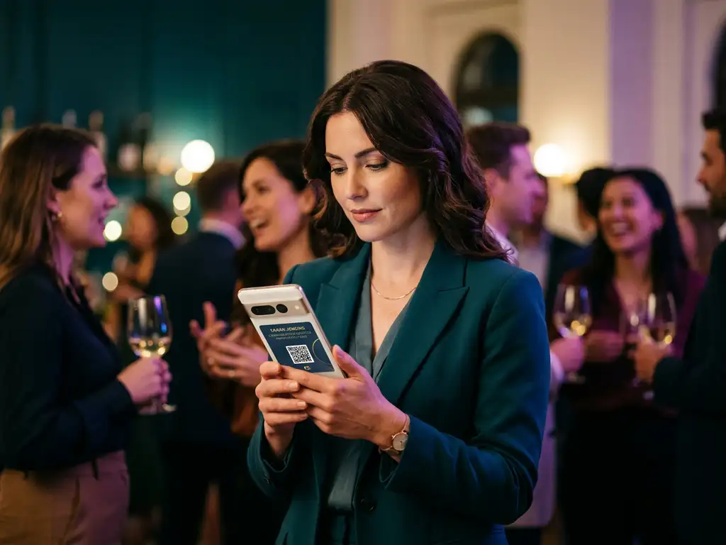 Kvinna på nätverksevent granskar ett digitalt visitkort på sin telefon, mjuk bokeh av samtalande personer i bakgrunden.