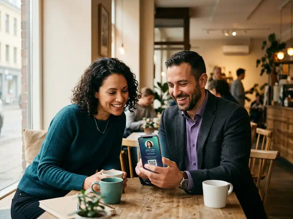 Två personer delar digitalt visitkort via smartphone på ett skandinaviskt café i varmt naturligt fönsterljus.