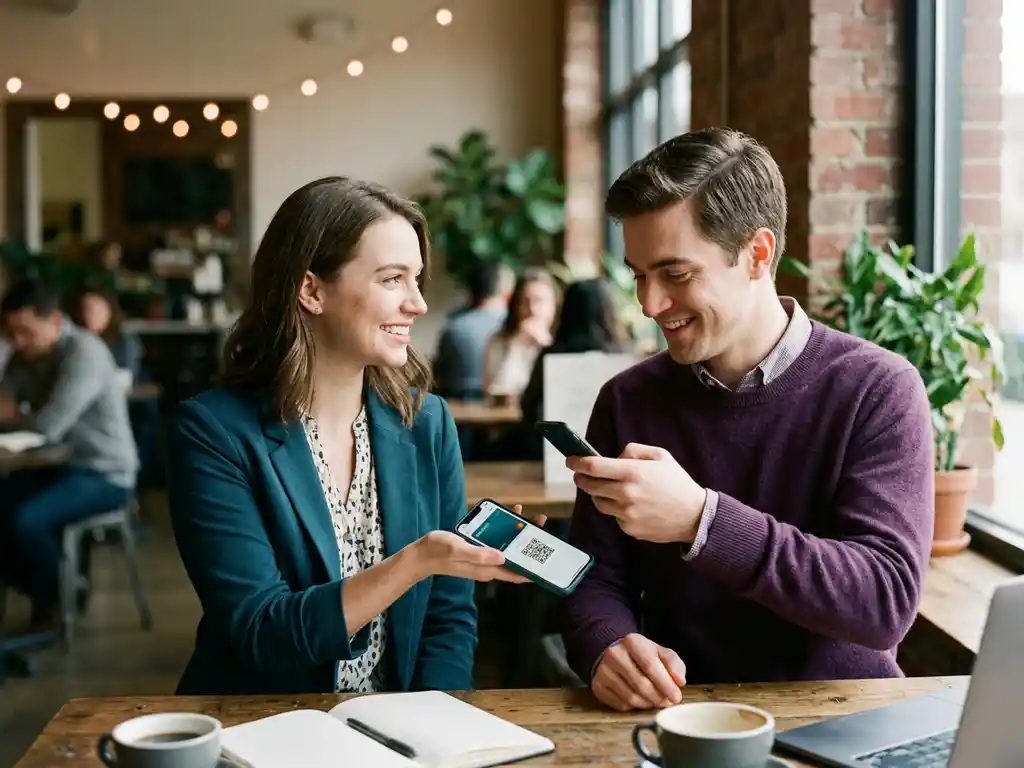 Två personer på ett café skannar varandras QR-koder för digitala visitkort via mobiltelefoner, varmt naturligt ljus.