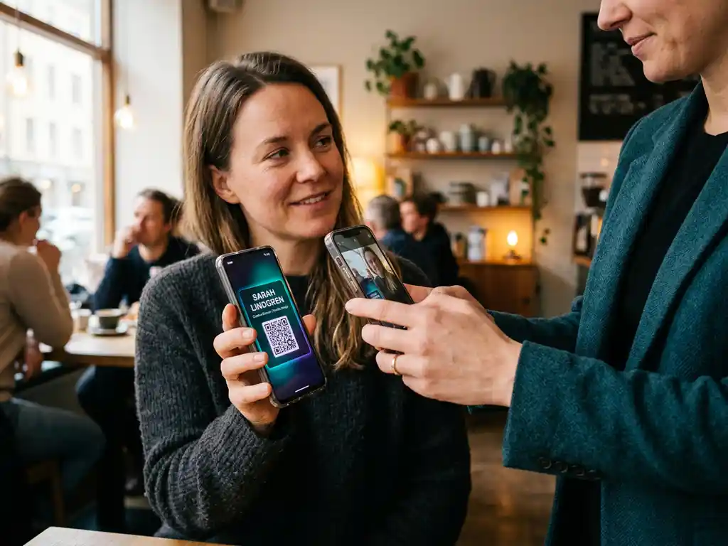 Två personer utbyter digital visitkort via QR-kod på smartphone i mysig kafémiljö med naturligt fönsterljus.