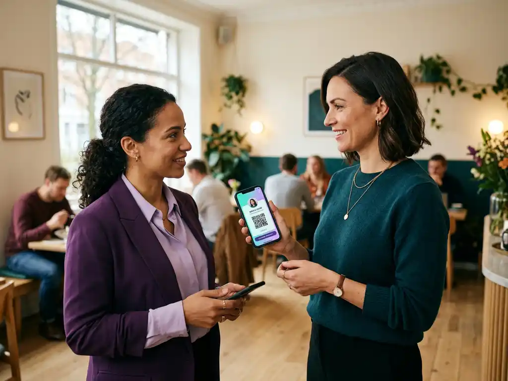 Kvinna delar digitalt visitkort via smartphone med kollega på ljust skandinaviskt café med teal och lavendel toner.