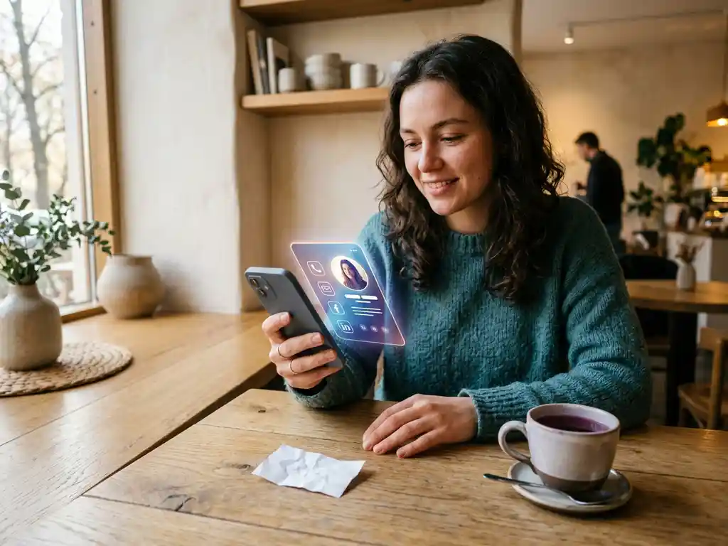 Person håller smartphone med digital visitkort i skandinaviskt café, skrynklig pappersvisitkort övergiven på ekbord bredvid.