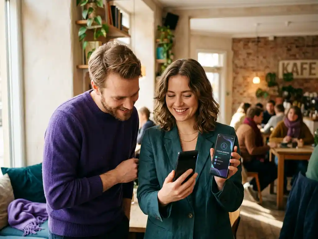 Ung yrkesperson visar ett digitalt visitkort på smartphone för nyfiken kollega i skandinaviskt café med naturligt fönsterljus.