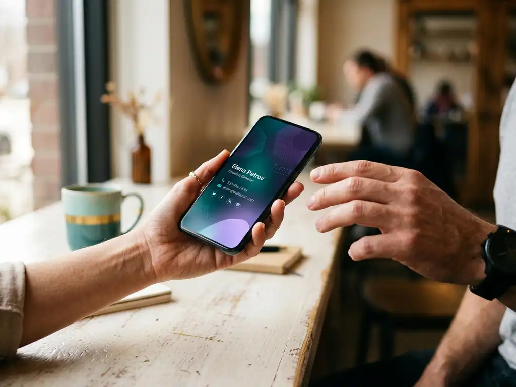 Hand håller smartphone med digitalt visitkort medan en annan hand når fram för att ta emot det, varmt kaféljus.