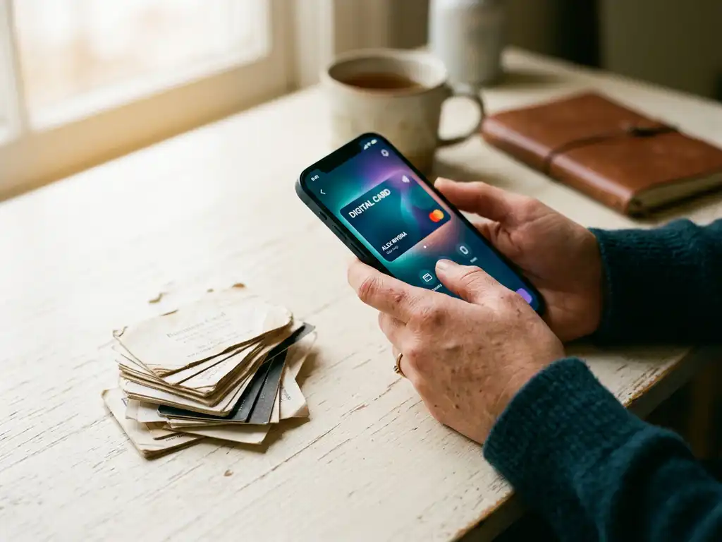 Hand håller smartphone med digitalt visitkort bredvid en bunt slitna pappersvisitkor på ett cremefärgat skrivbord.