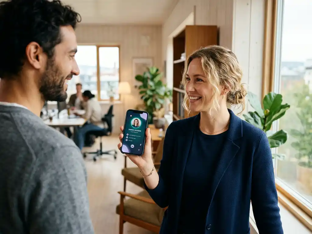 Kvinna delar digitalt visitkort via smartphone med kollega i ljust skandinaviskt kontor.