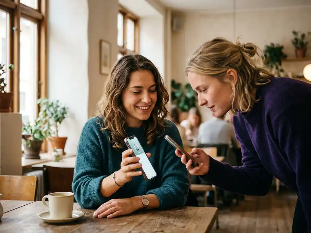 Ung yrkesperson på skandinaviskt café delar digitalt visitkort via smartphone medan kollega skannar det i varmt naturligt ljus.