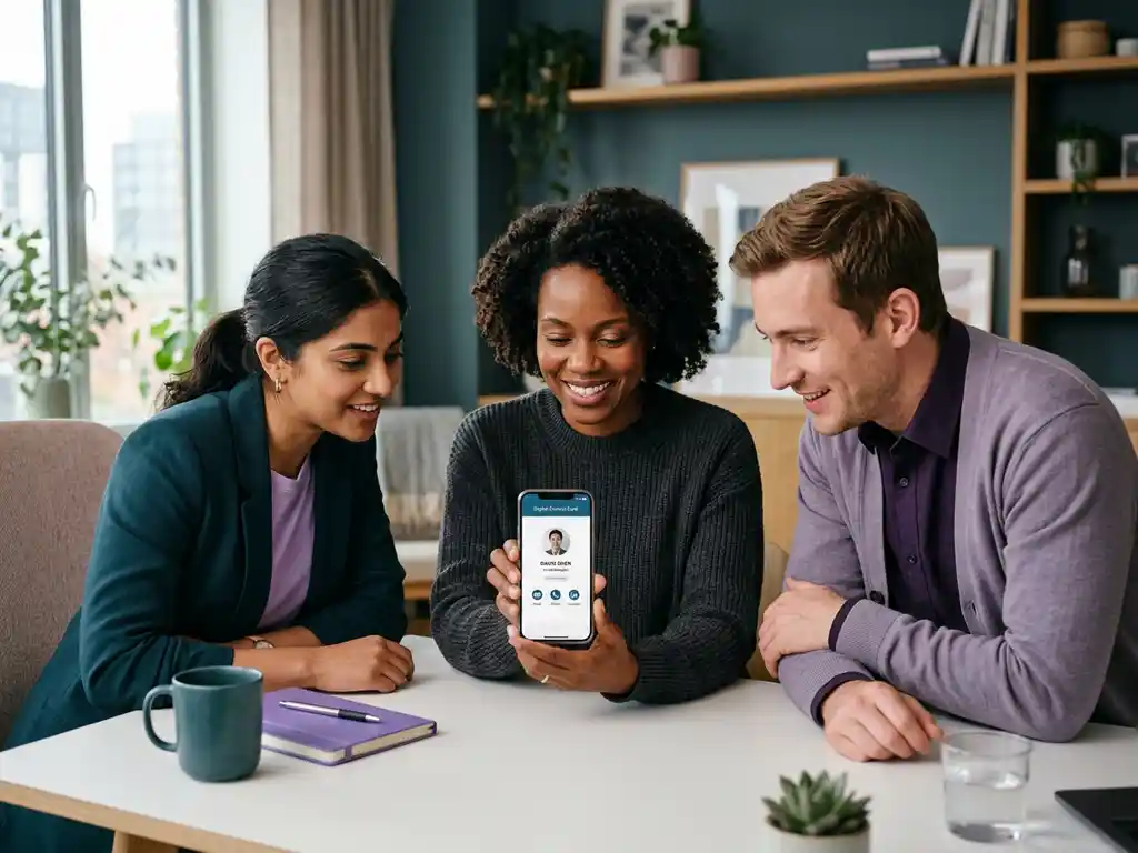 Tre kollegor runt ett vitt skrivbord granskar ett digitalt visitkort på en smartphone i ett skandinaviskt kontor med teal och violetta toner.