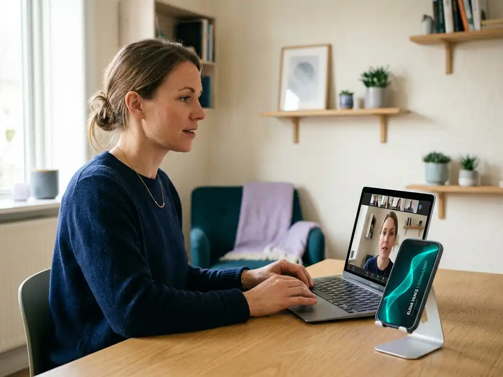 Kvinna i skandinaviskt hemmakontor under videosamtal med glödande teal digitalt visitkort på smartphone bredvid tangentbordet.