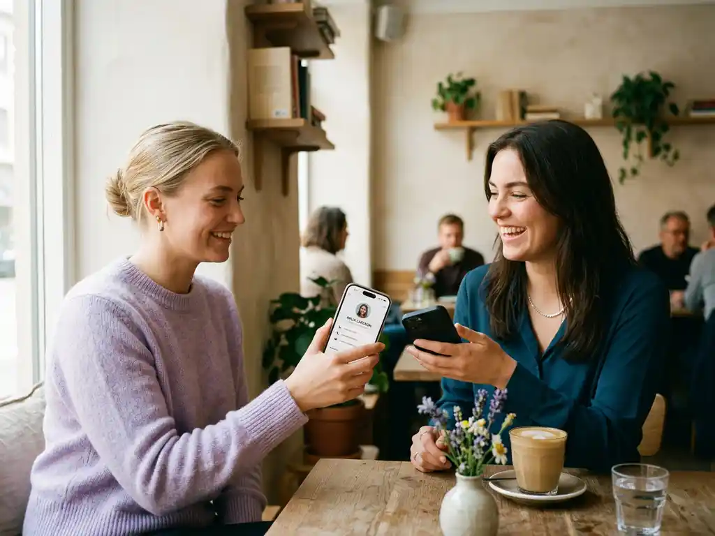 Person håller iPhone med Apple Wallet öppen och delar kontaktuppgifter i ett ljust skandinaviskt café.