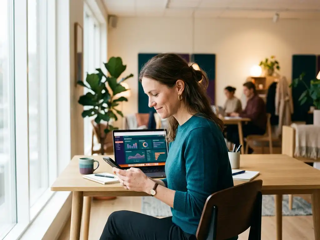 Affärskvinna granskar sin smartphone i modernt skandinaviskt kontorslandskap med CRM-dashboard synlig på laptop i bakgrunden.
