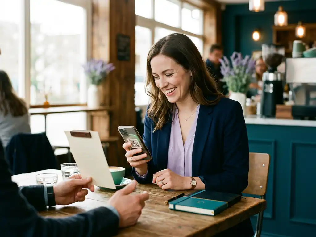 Professionell kvinna skannar QR-kod med smartphone vid soligt cafébesök, motpart synlig med händer över bordet.