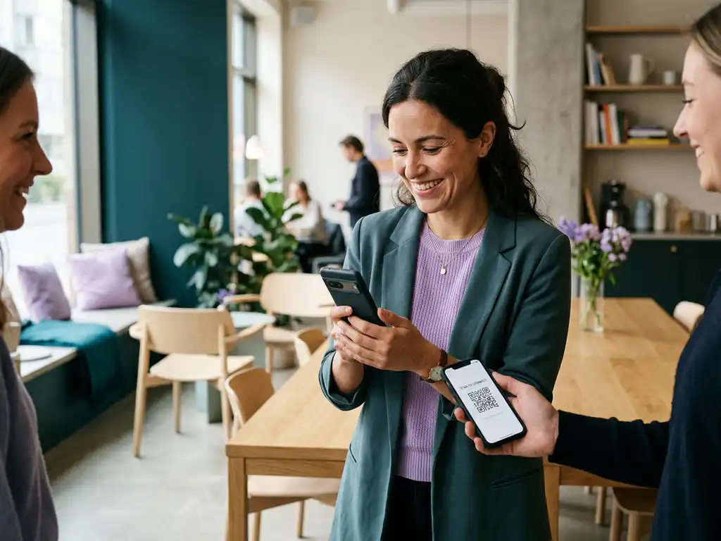 Leende kvinna skannar QR-kod från kollegans smartphone i modernt kafé med skandinavisk minimalistisk inredning.