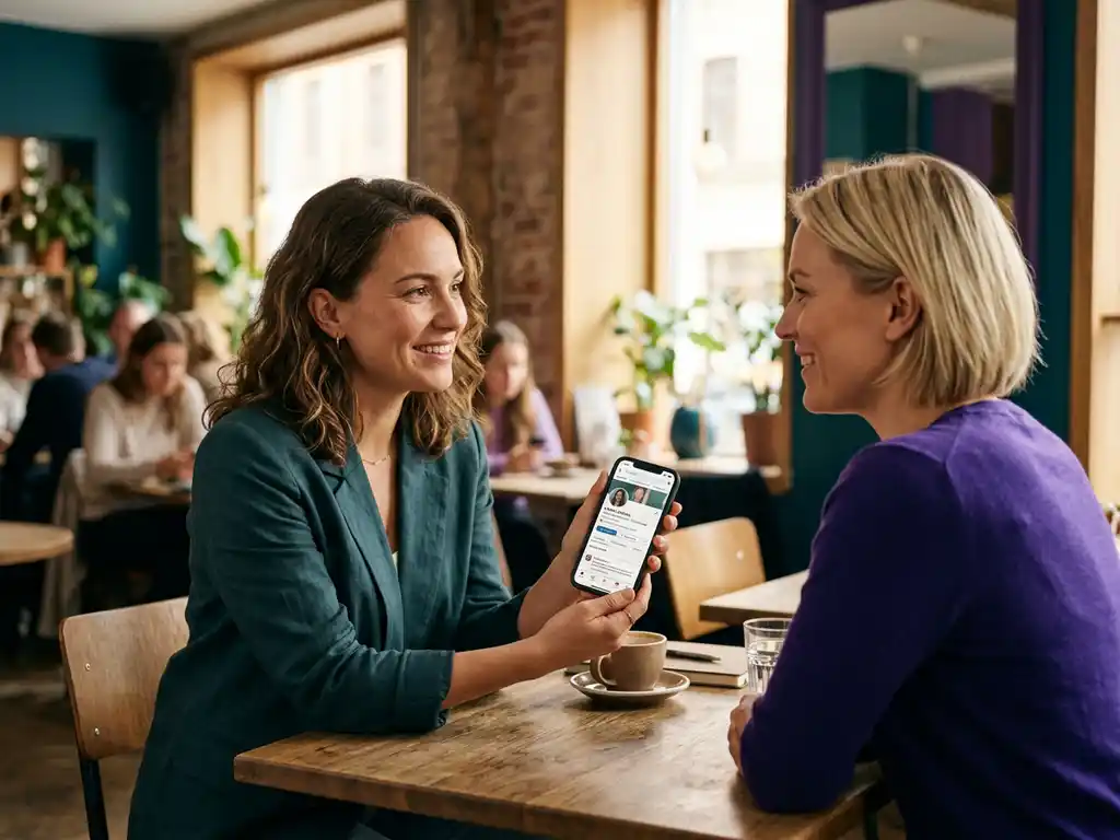 Kvinna visar sin LinkedIn-profil på smartphone för kollega vid kafébord i soligt, minimalistiskt café.