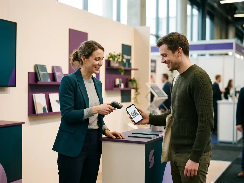 Mässrepresentant skannar besökares QR-kod på minimalistisk utställningsmonter med teal och violetta accenter.