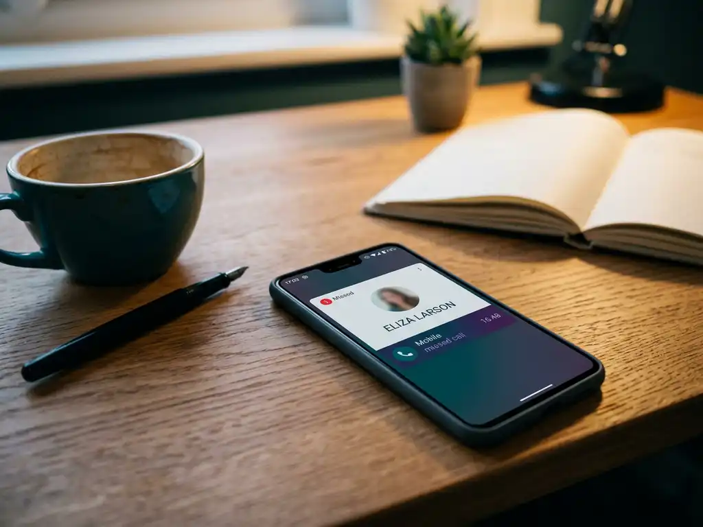 Smartphone med oläst notifikation och digitalt kontaktkort på ekskrivbord, omgiven av tom kaffekopp och penna.