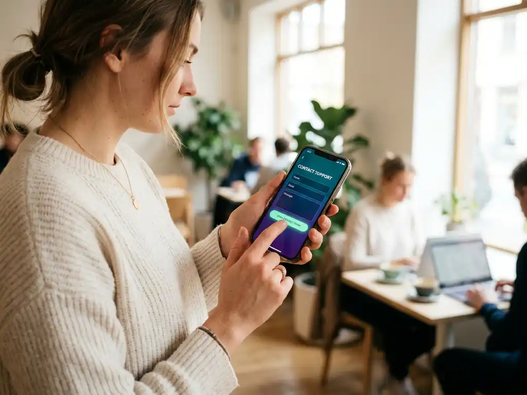 Person som fyller i ett kontaktformulär i en mobilplånbok-app på en smartphone, fotograferad i ett ljust skandinaviskt kafé.