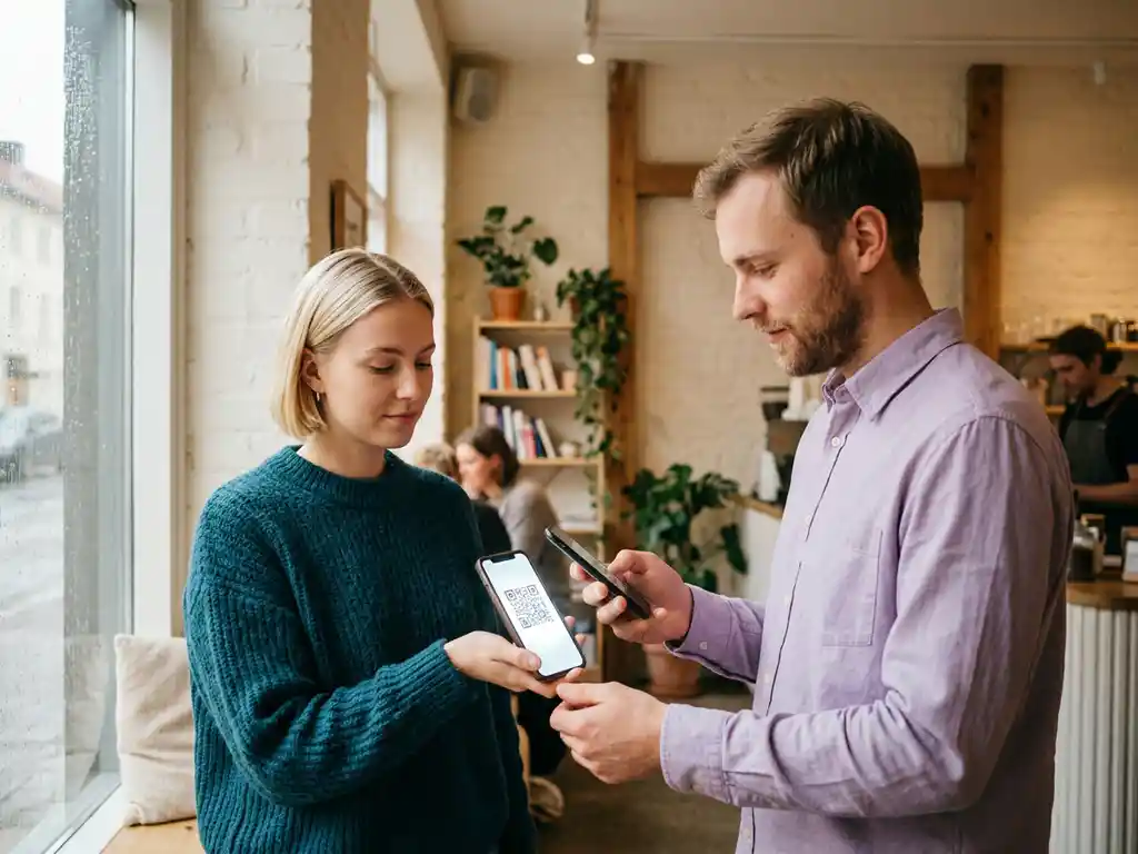 Person håller smartphone med lysande QR-kod mot annan telefon i skandinaviskt café, naturligt ljus, professionellt utbyte.